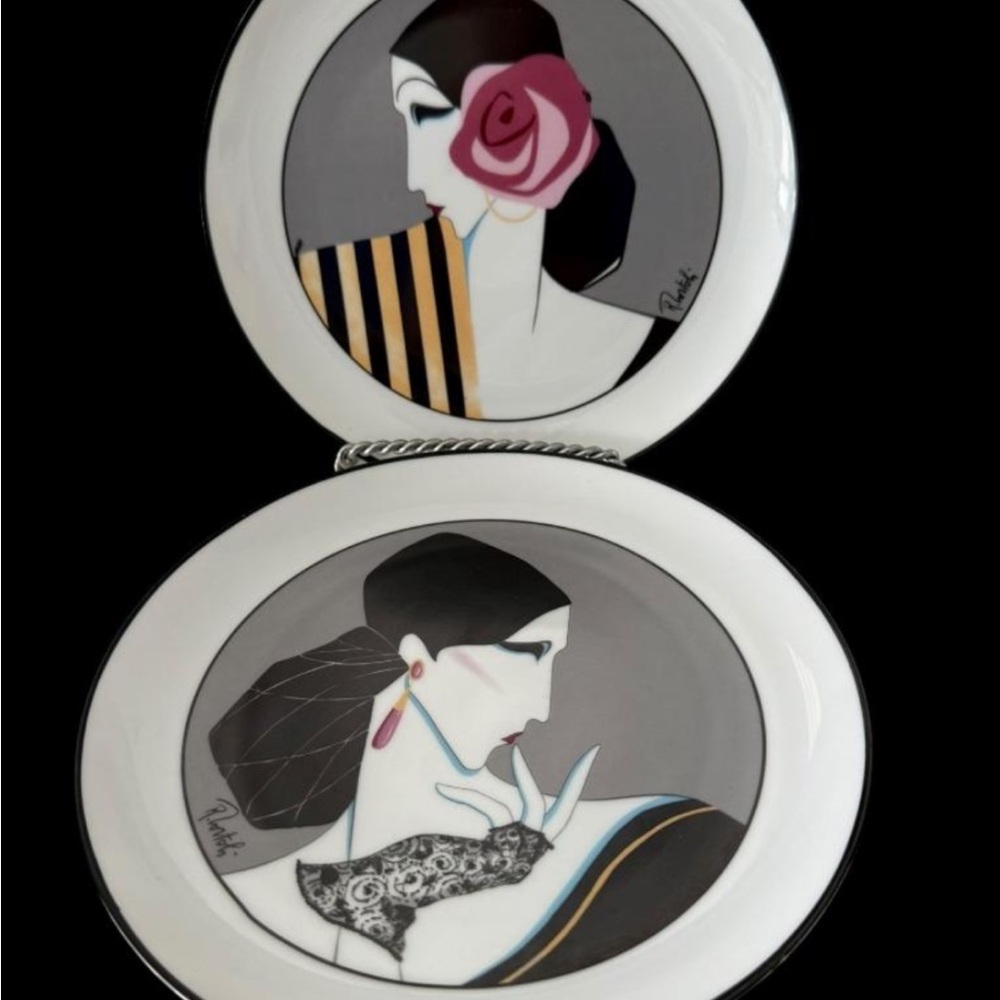 Roberto Tortoli Italian Art Deco Porcelain Lady Portrait Plates | Pair | 7¾"